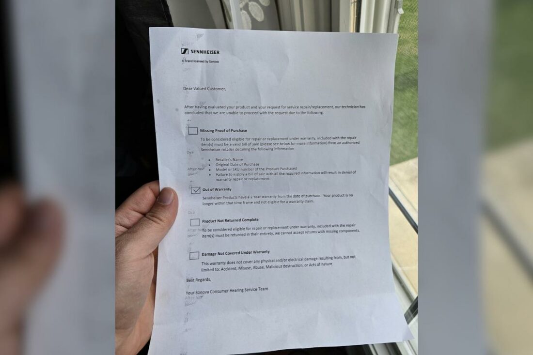 Sennheiser's return note in what the OP thinks is a reused paper. (From: Reddit)