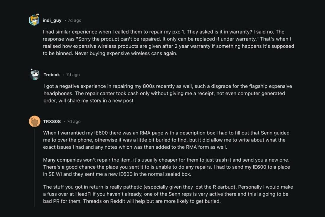 Users sharing similar disappointments on Sennheiser's customer service. (From: Reddit)