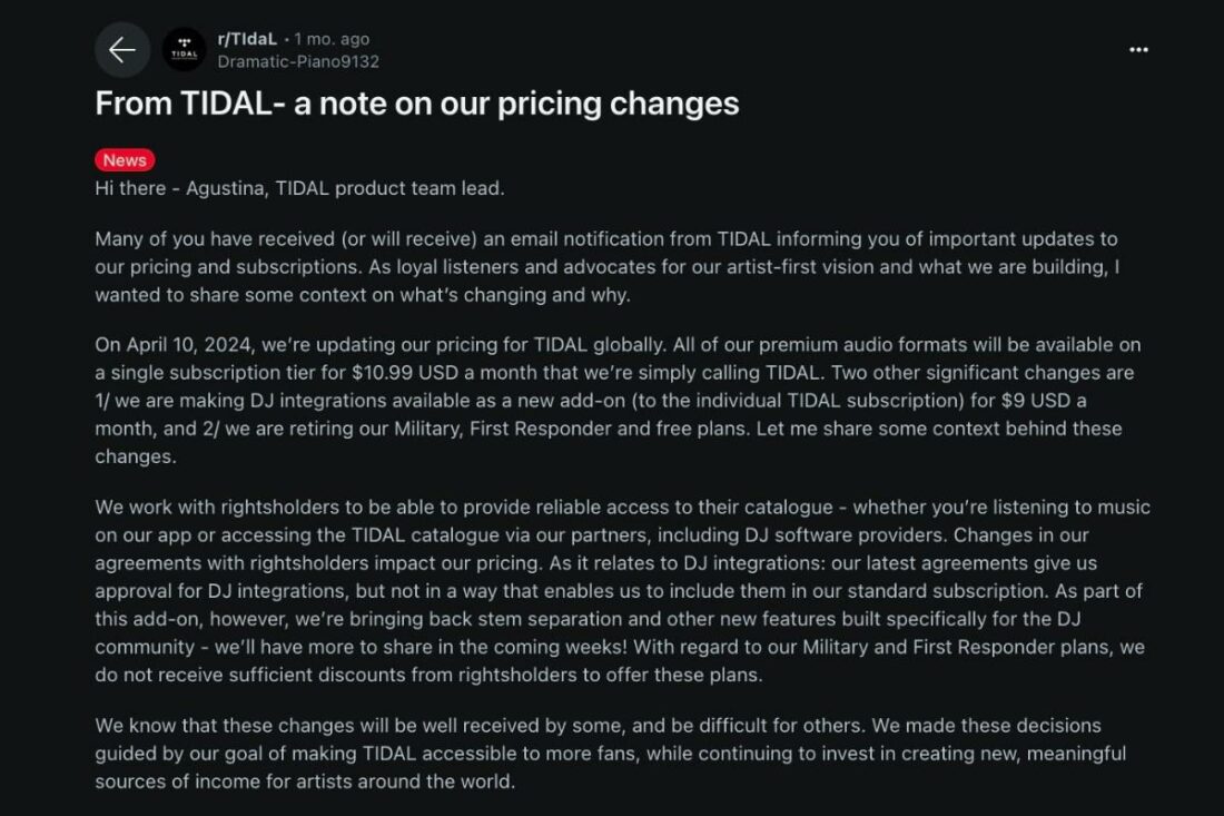 Tidal's team members regularly connect with its users via platforms like r/Tidal. (From: Reddit)