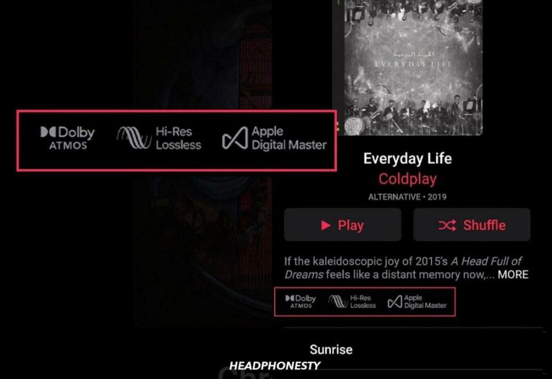 Playing Coldplay’s Everyday Life in lossless audio via Apple Music.