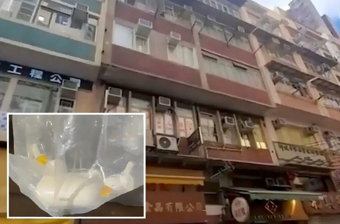 The man’s apartment building and the AirPods the police retrieved in the incident. (From: The Sun/Singtao)