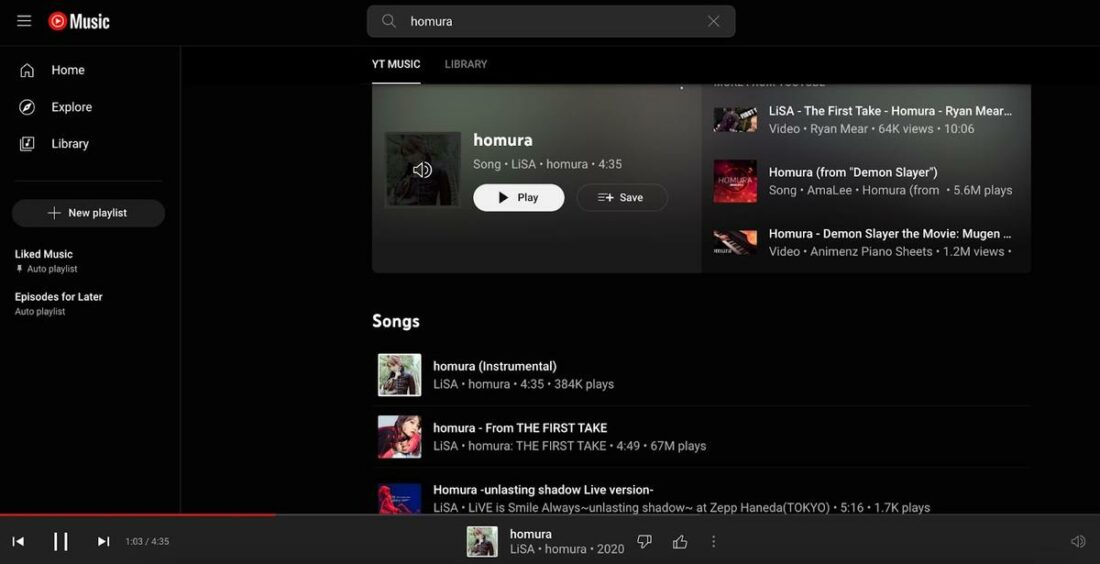 Searching for a song will give you almost all available versions so you can listen to your favorite. (From: YouTube Music)