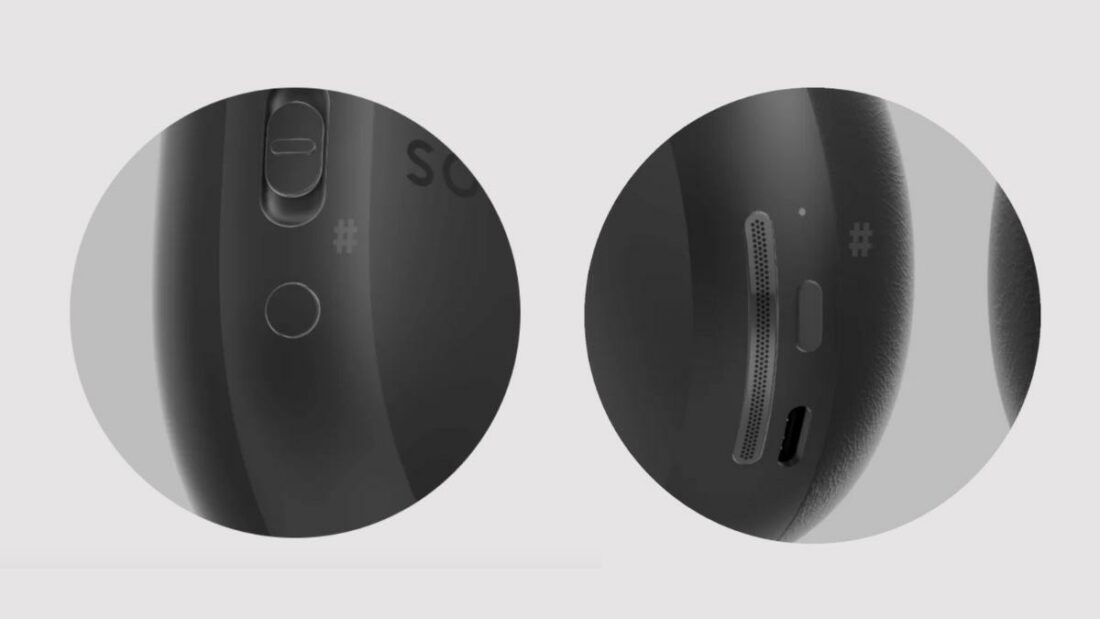A focused view of the leaked buttons on the Sonos Ace headphones' ear cups. (From: Schuurman)