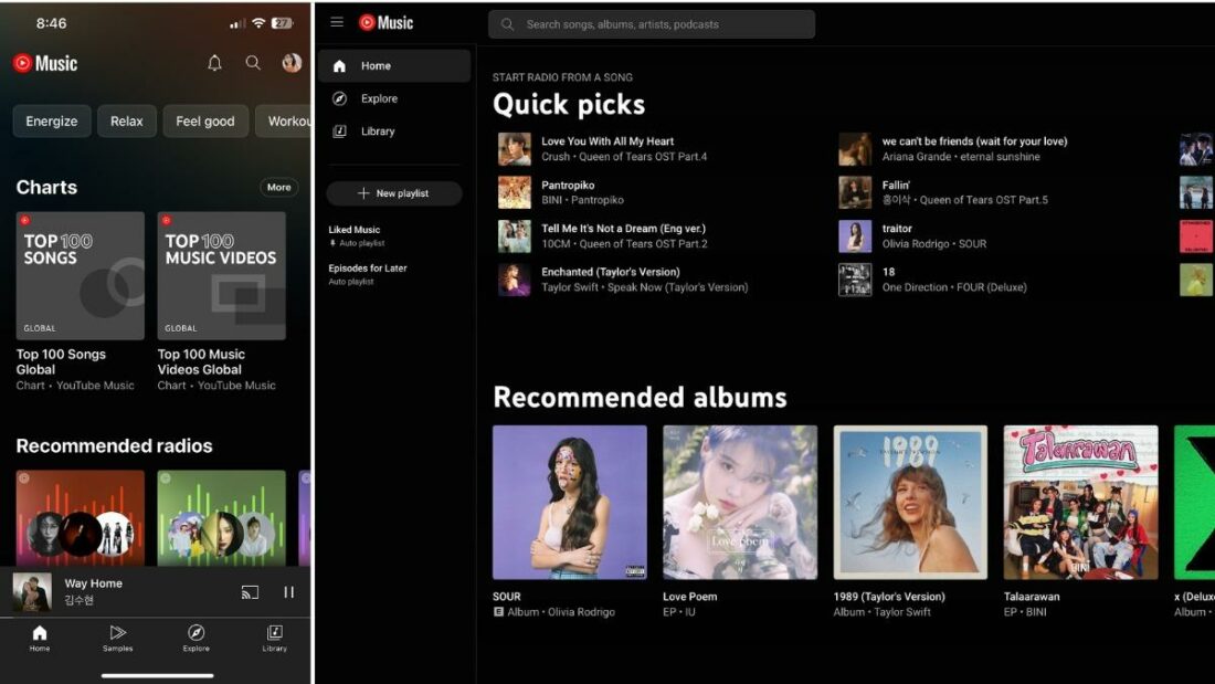 User interface of YouTube Music mobile app (left) and the web browser.