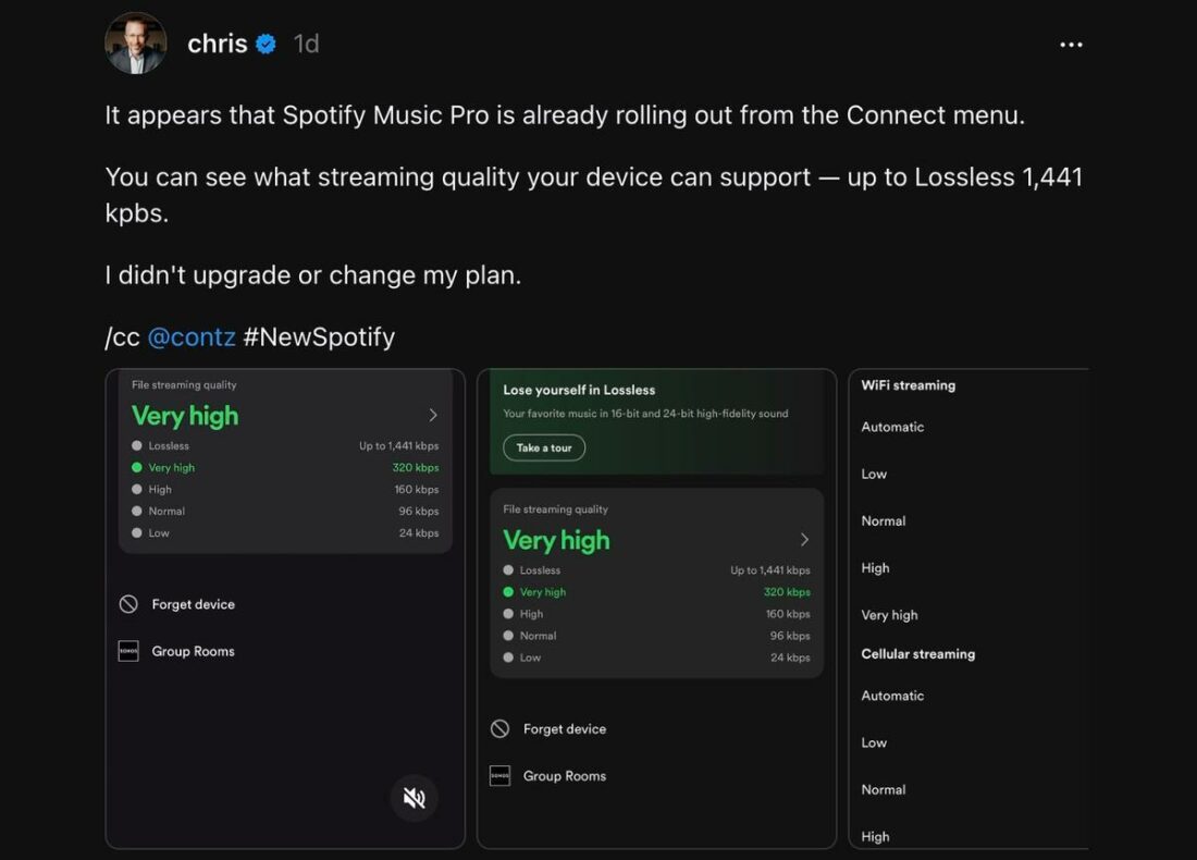 Lossless streaming option in the Spotify Connect menu. (From: Headphonesty)