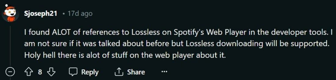 A Redditor noted the mention of 'Lossless' in the Spotify web player. (From: Reddit)