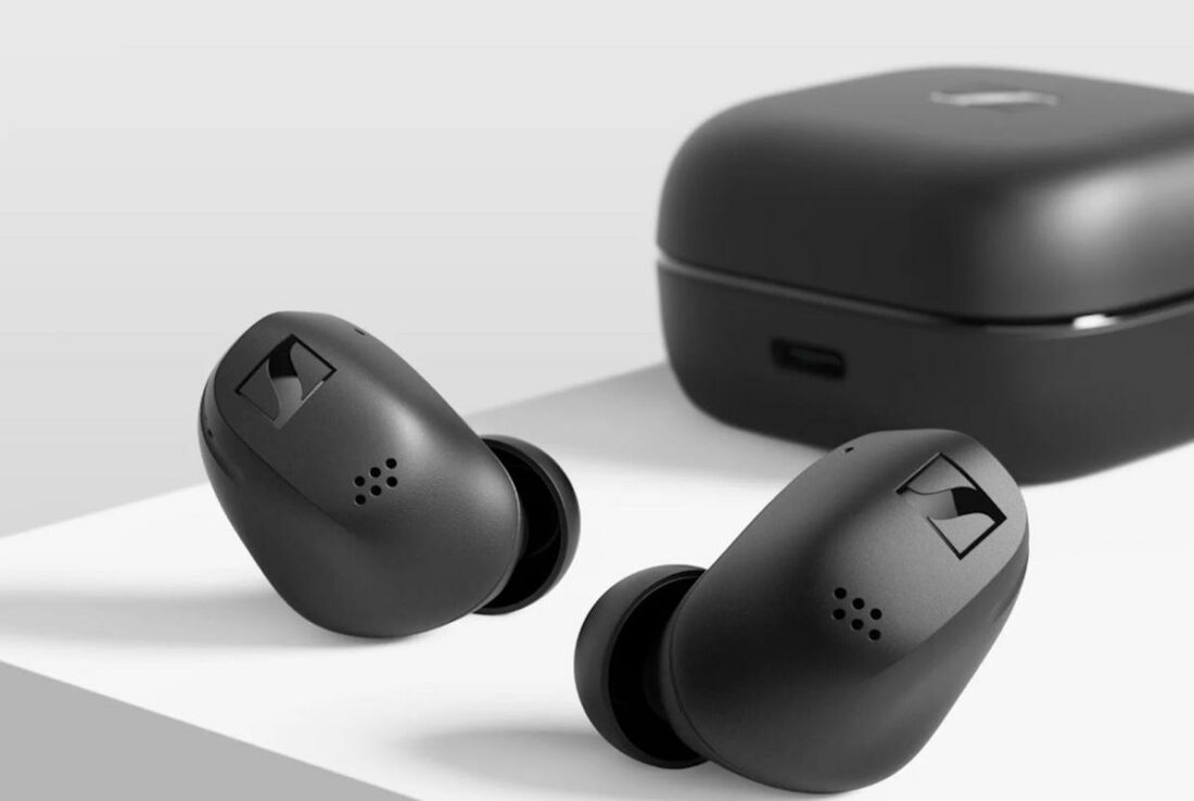 The ACCENTUM True Wireless earbuds with their charging case. (From: Sennheiser)