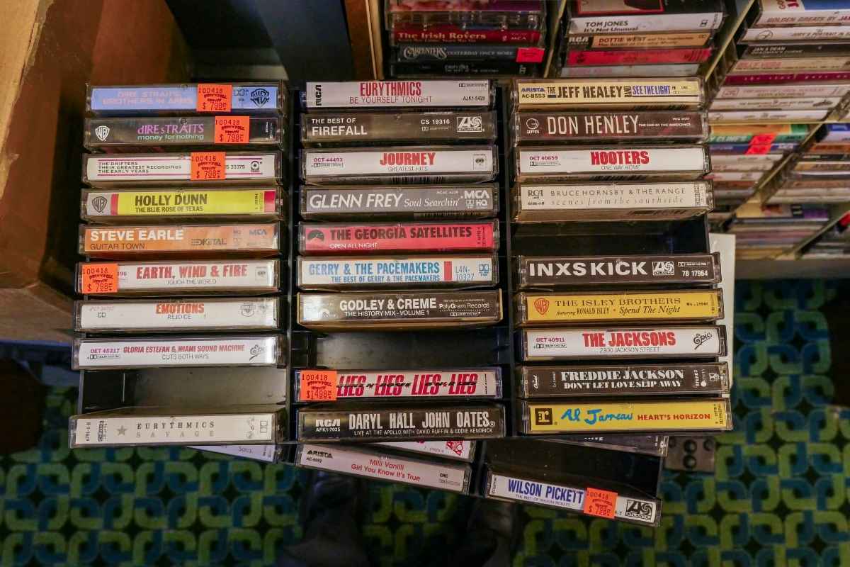 Cassettes on display at a local record and tape shop. (From: Unsplash)